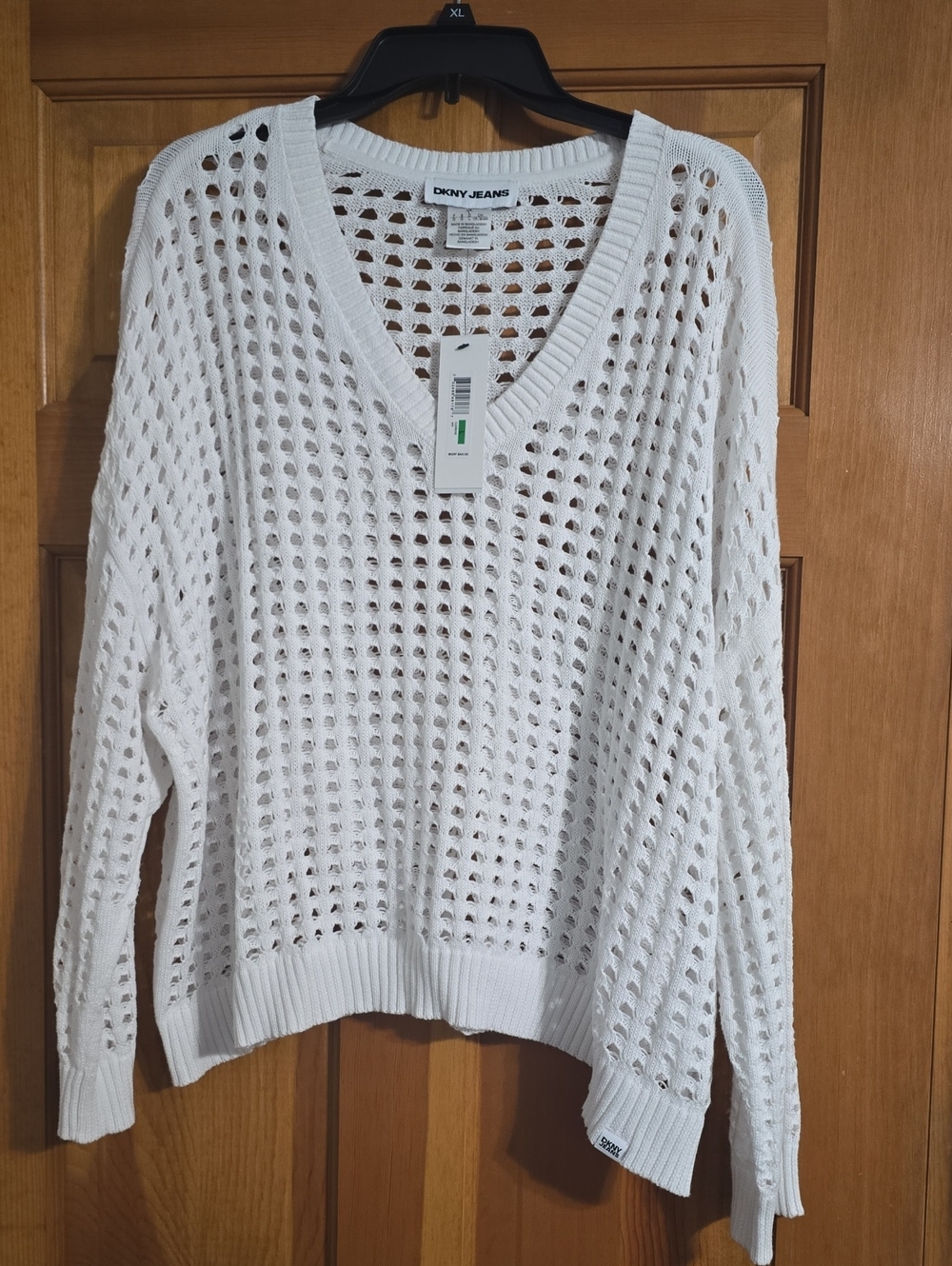 Dkny White Open-Knit V-Neck Sweater